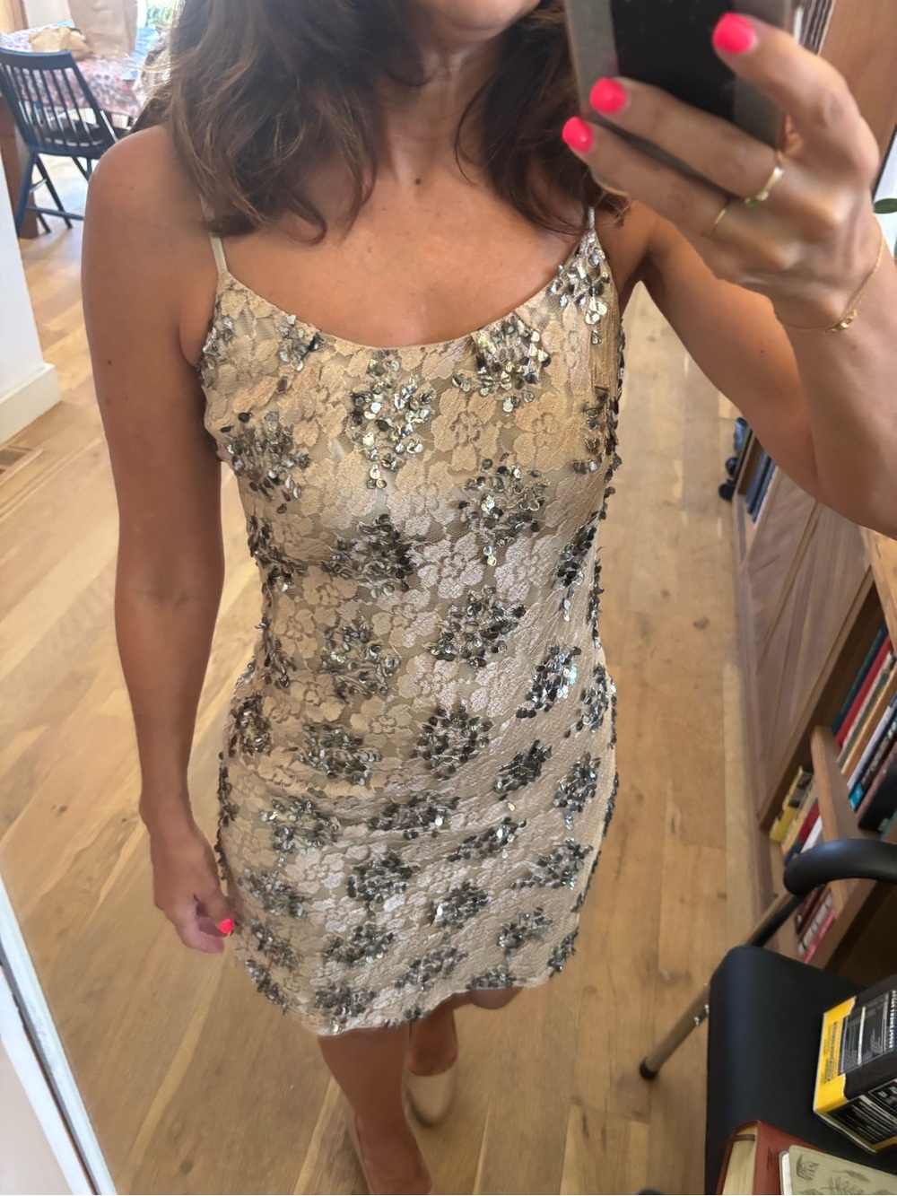 Champagne lace cocktail dress, sparkly embellishments
